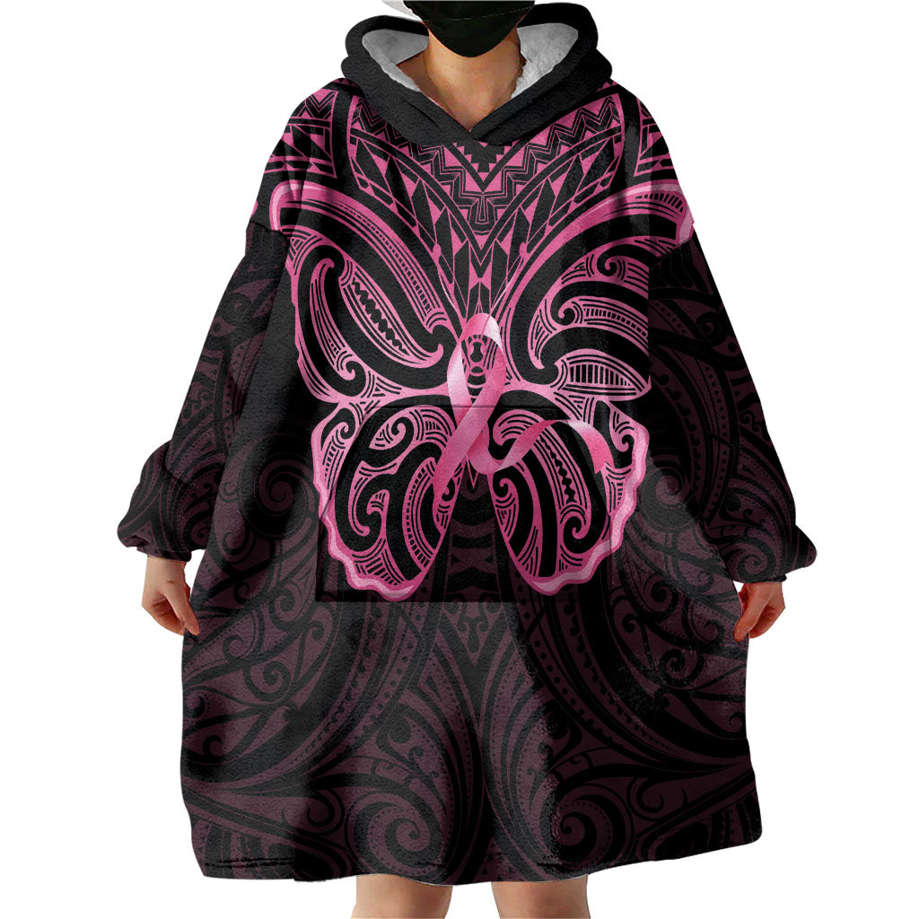 New Zealand Breast Cancer Support Wearable Blanket Hoodie Maori Butterfly Pink Ribbon Black Version