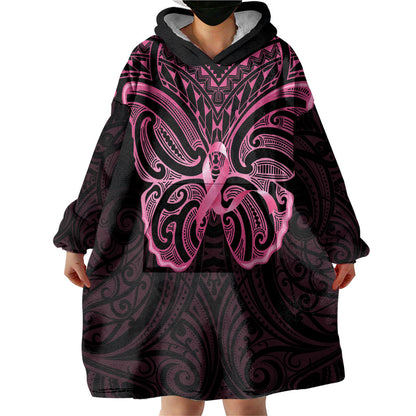 New Zealand Breast Cancer Support Wearable Blanket Hoodie Maori Butterfly Pink Ribbon Black Version
