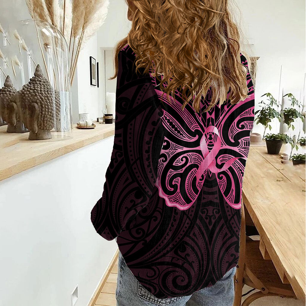 New Zealand Breast Cancer Support Women Casual Shirt Maori Butterfly Pink Ribbon Black Version