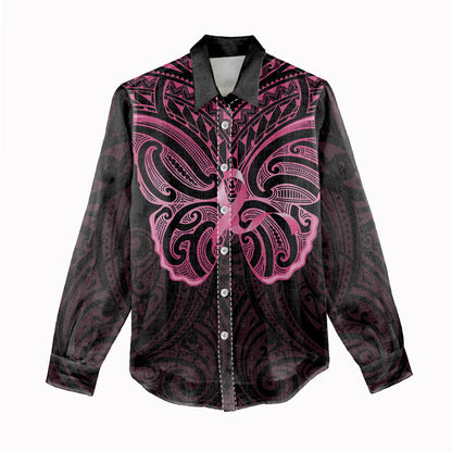 New Zealand Breast Cancer Support Women Casual Shirt Maori Butterfly Pink Ribbon Black Version
