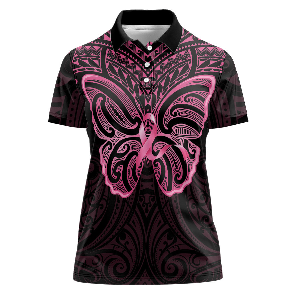 New Zealand Breast Cancer Support Women Polo Shirt Maori Butterfly Pink Ribbon Black Version