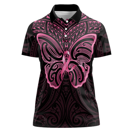 New Zealand Breast Cancer Support Women Polo Shirt Maori Butterfly Pink Ribbon Black Version