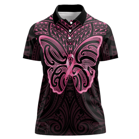 New Zealand Breast Cancer Support Women Polo Shirt Maori Butterfly Pink Ribbon Black Version
