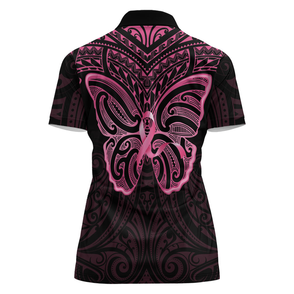 New Zealand Breast Cancer Support Women Polo Shirt Maori Butterfly Pink Ribbon Black Version