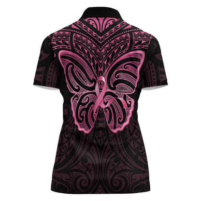 New Zealand Breast Cancer Support Women Polo Shirt Maori Butterfly Pink Ribbon Black Version