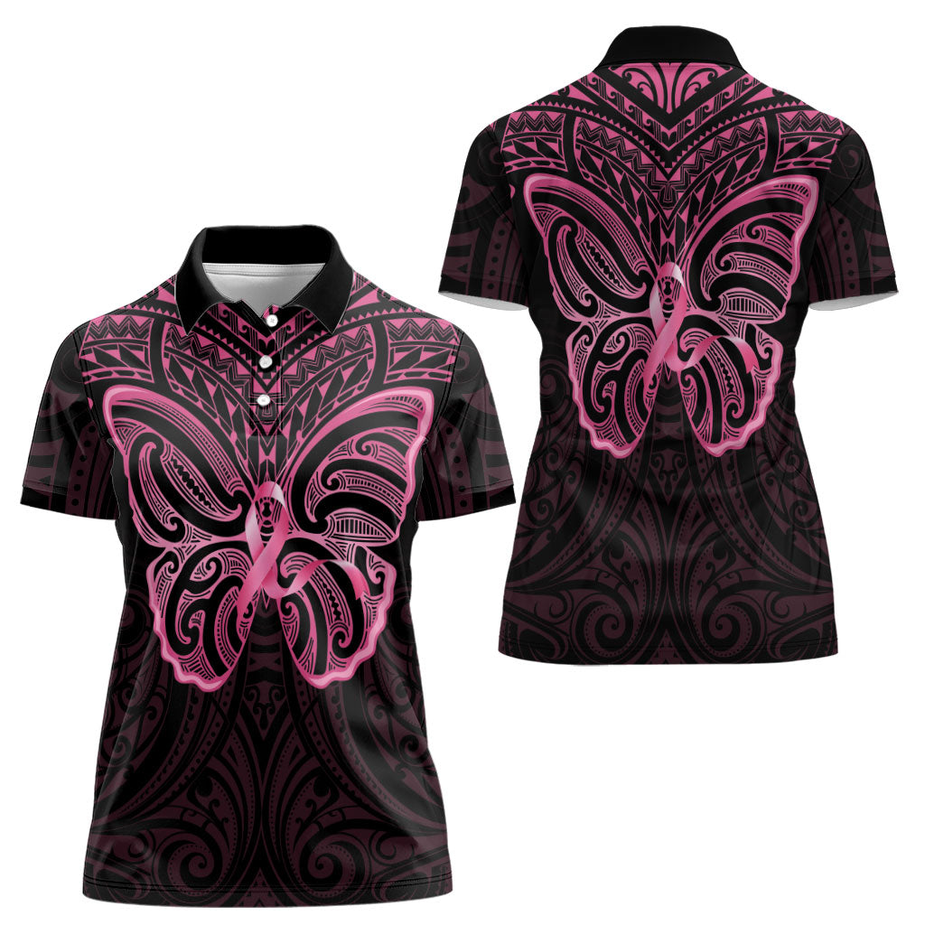 New Zealand Breast Cancer Support Women Polo Shirt Maori Butterfly Pink Ribbon Black Version