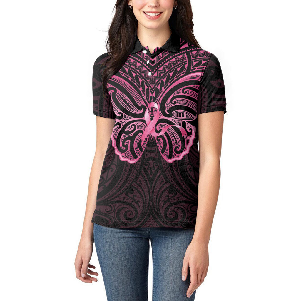 New Zealand Breast Cancer Support Women Polo Shirt Maori Butterfly Pink Ribbon Black Version