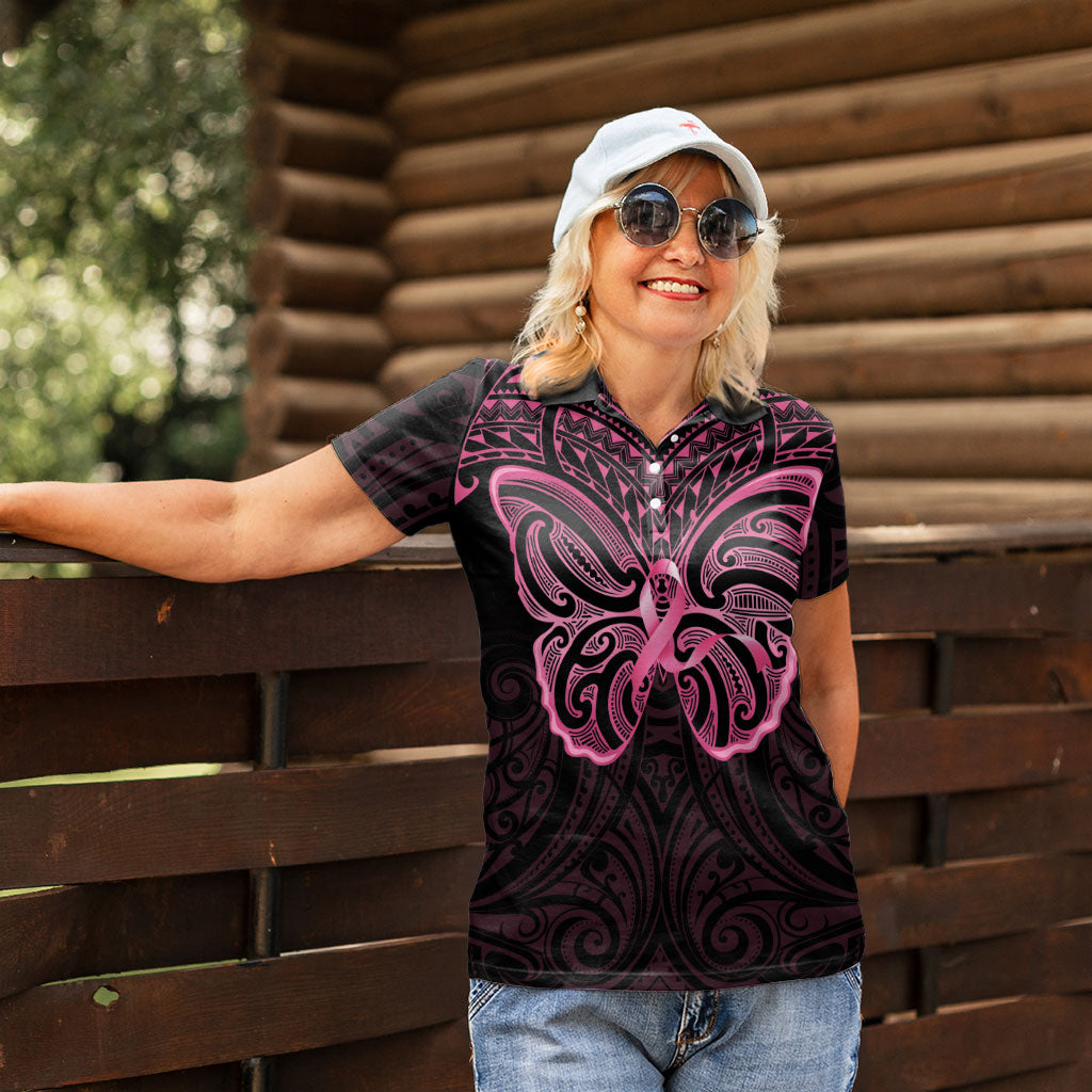 New Zealand Breast Cancer Support Women Polo Shirt Maori Butterfly Pink Ribbon Black Version