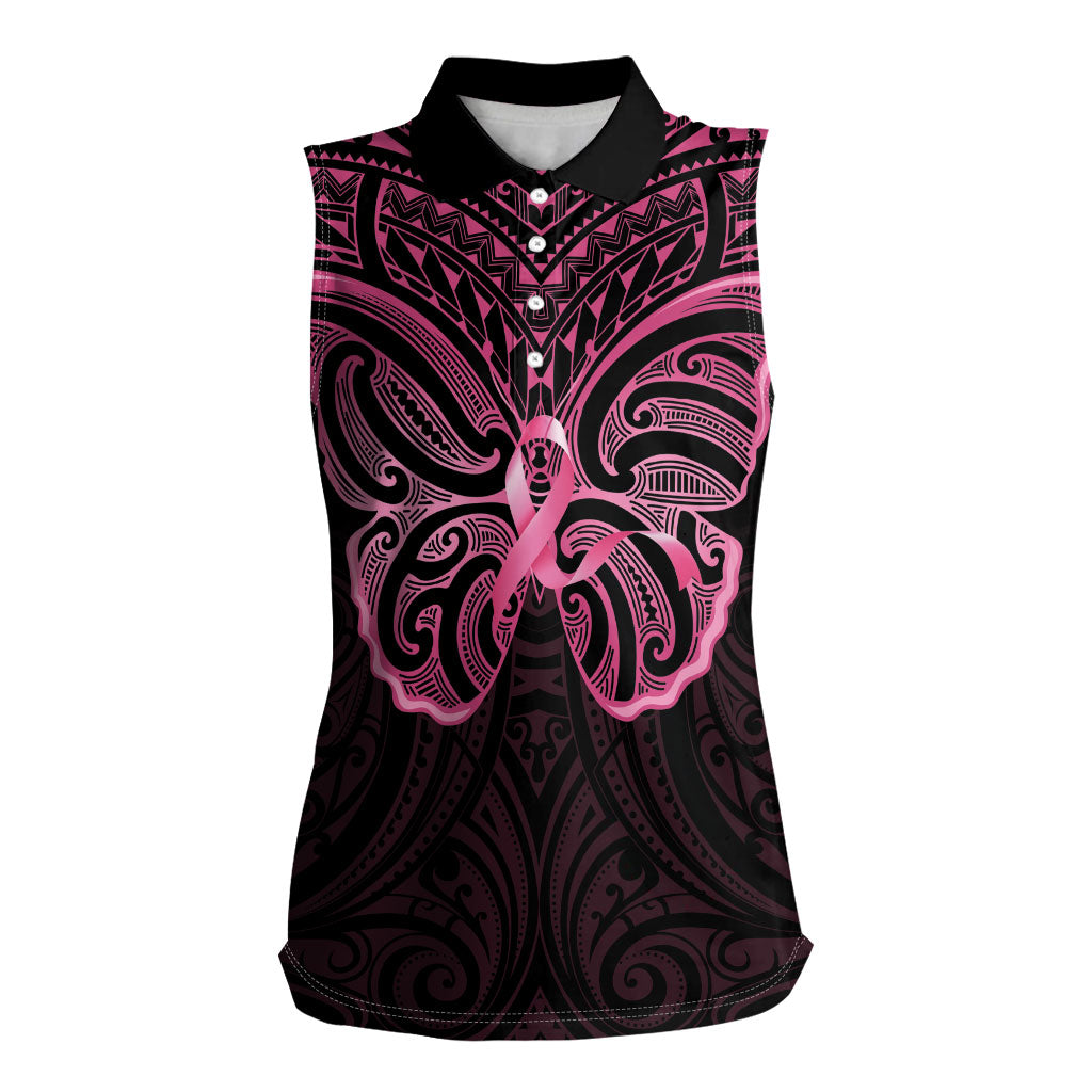 New Zealand Breast Cancer Support Women Sleeveless Polo Shirt Maori Butterfly Pink Ribbon Black Version