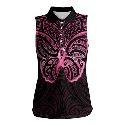 New Zealand Breast Cancer Support Women Sleeveless Polo Shirt Maori Butterfly Pink Ribbon Black Version