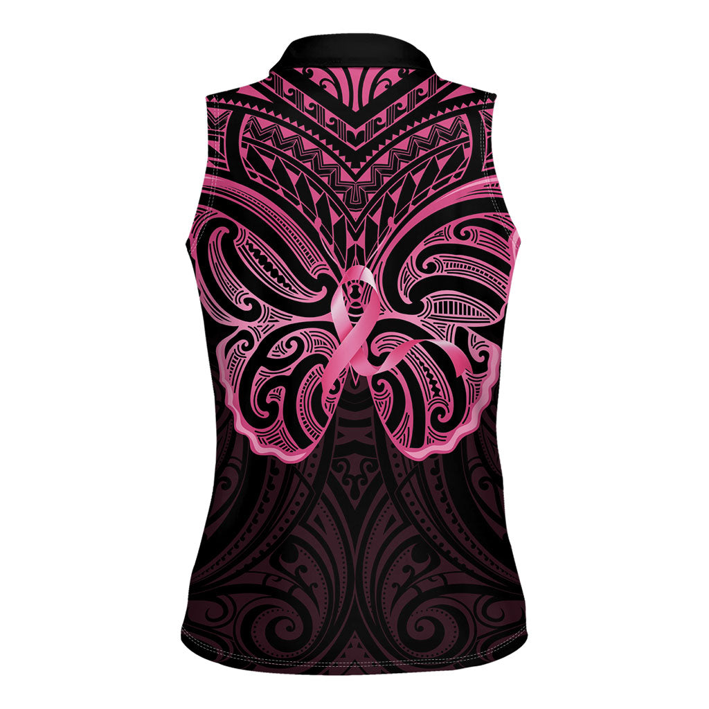 New Zealand Breast Cancer Support Women Sleeveless Polo Shirt Maori Butterfly Pink Ribbon Black Version