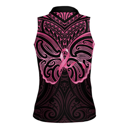New Zealand Breast Cancer Support Women Sleeveless Polo Shirt Maori Butterfly Pink Ribbon Black Version