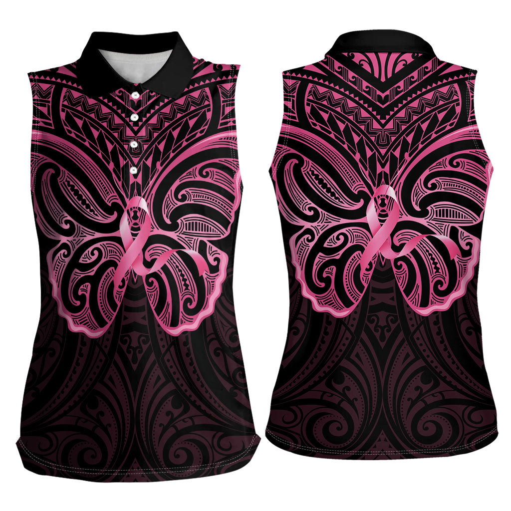 New Zealand Breast Cancer Support Women Sleeveless Polo Shirt Maori Butterfly Pink Ribbon Black Version