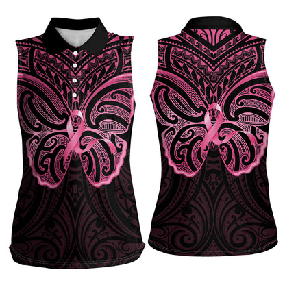 New Zealand Breast Cancer Support Women Sleeveless Polo Shirt Maori Butterfly Pink Ribbon Black Version