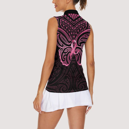 New Zealand Breast Cancer Support Women Sleeveless Polo Shirt Maori Butterfly Pink Ribbon Black Version