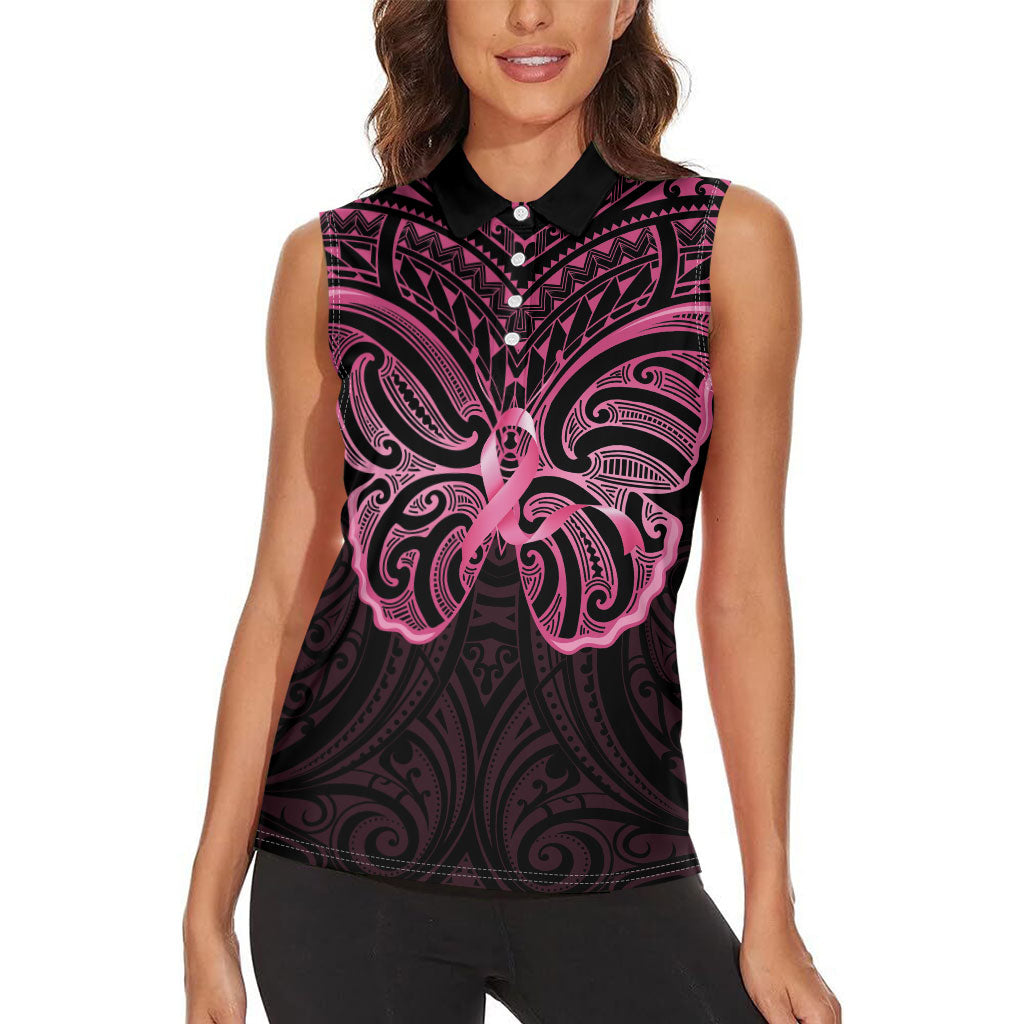 New Zealand Breast Cancer Support Women Sleeveless Polo Shirt Maori Butterfly Pink Ribbon Black Version
