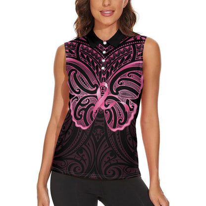 New Zealand Breast Cancer Support Women Sleeveless Polo Shirt Maori Butterfly Pink Ribbon Black Version