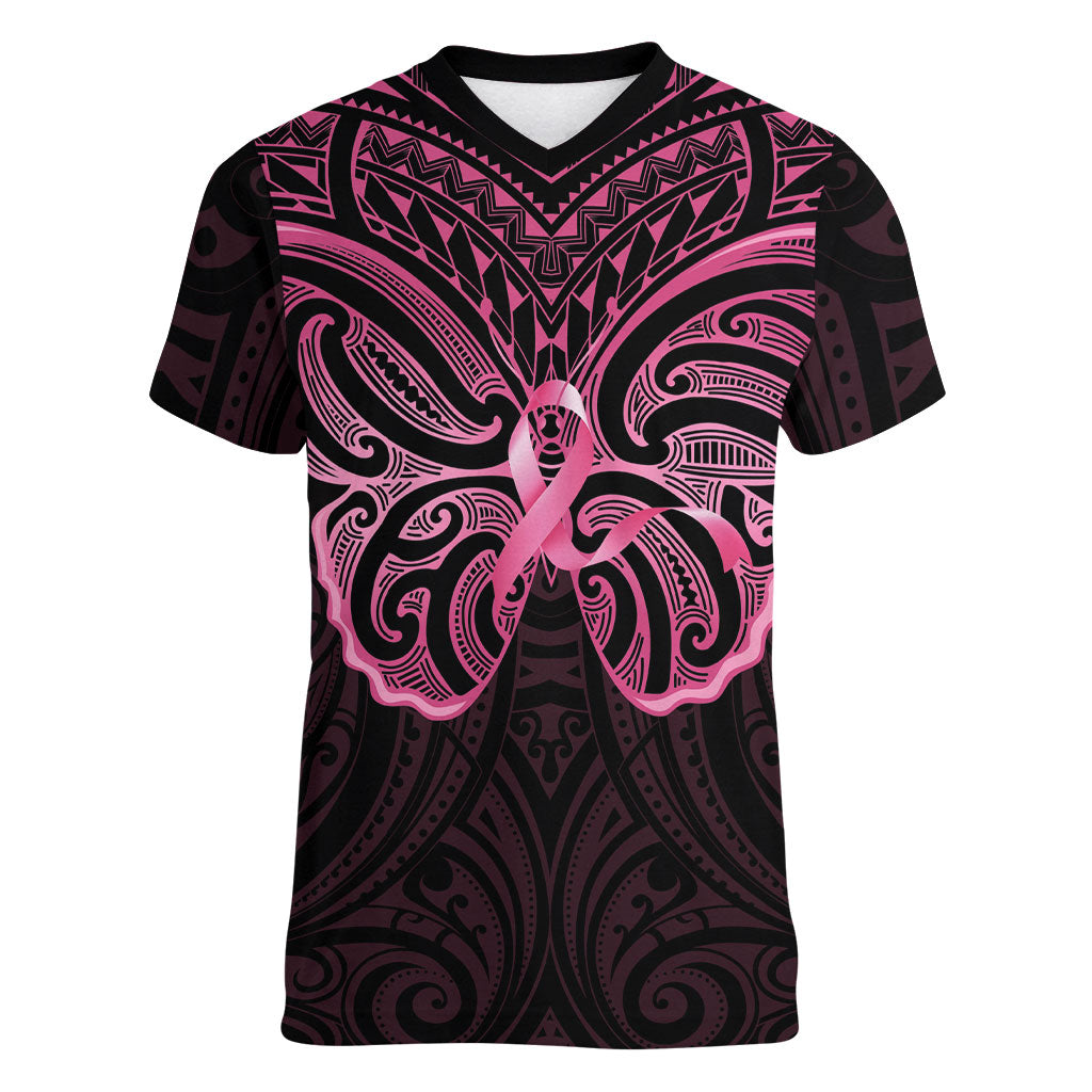 New Zealand Breast Cancer Support Women V-Neck T-Shirt Maori Butterfly Pink Ribbon Black Version