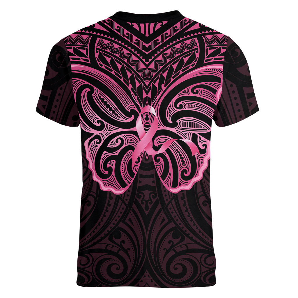 New Zealand Breast Cancer Support Women V-Neck T-Shirt Maori Butterfly Pink Ribbon Black Version