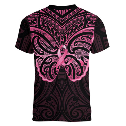 New Zealand Breast Cancer Support Women V-Neck T-Shirt Maori Butterfly Pink Ribbon Black Version