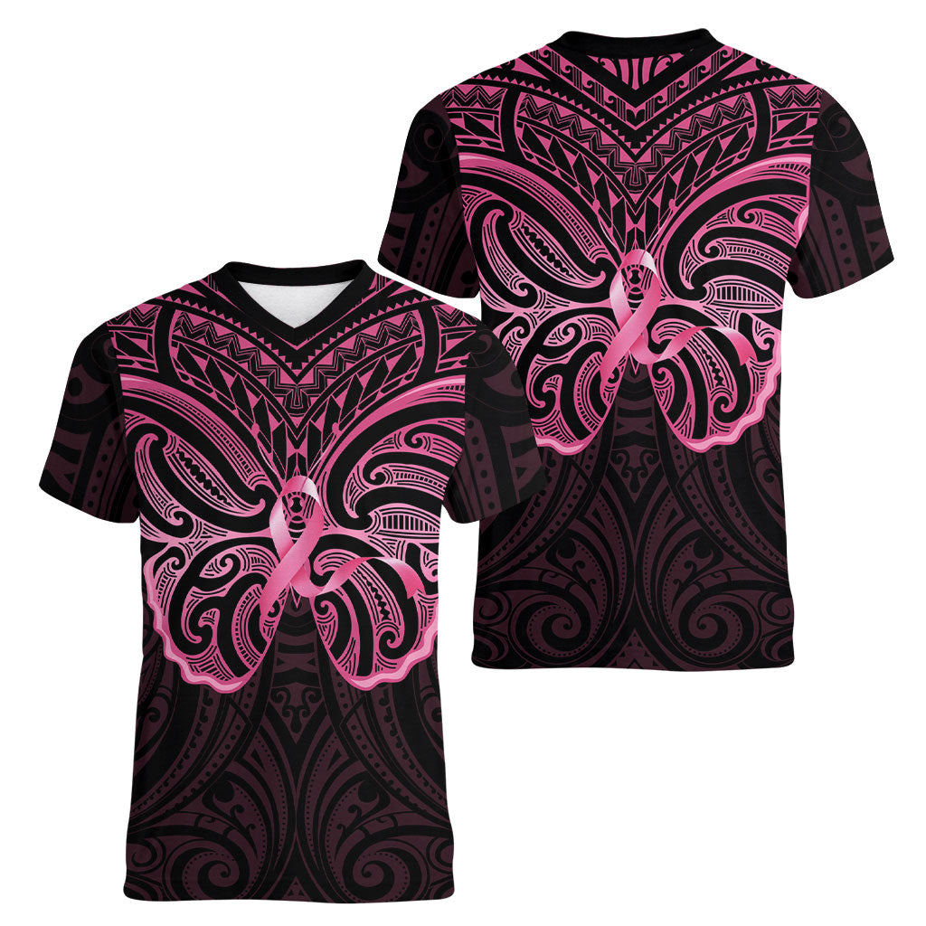 New Zealand Breast Cancer Support Women V-Neck T-Shirt Maori Butterfly Pink Ribbon Black Version