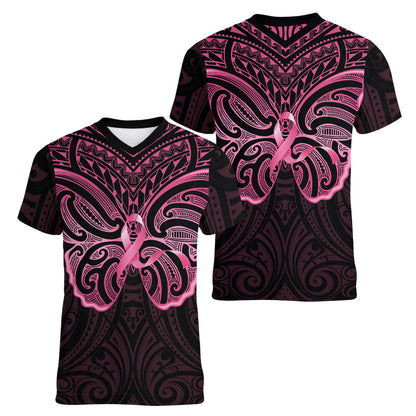 New Zealand Breast Cancer Support Women V-Neck T-Shirt Maori Butterfly Pink Ribbon Black Version