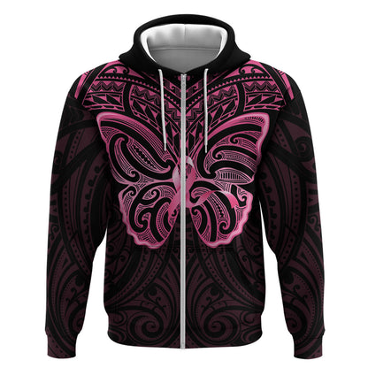 New Zealand Breast Cancer Support Zip Hoodie Maori Butterfly Pink Ribbon Black Version