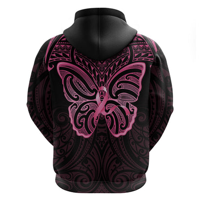 New Zealand Breast Cancer Support Zip Hoodie Maori Butterfly Pink Ribbon Black Version