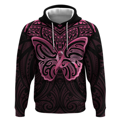New Zealand Breast Cancer Support Zip Hoodie Maori Butterfly Pink Ribbon Black Version