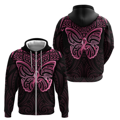 New Zealand Breast Cancer Support Zip Hoodie Maori Butterfly Pink Ribbon Black Version