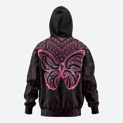 New Zealand Breast Cancer Support Zip Hoodie Maori Butterfly Pink Ribbon Black Version