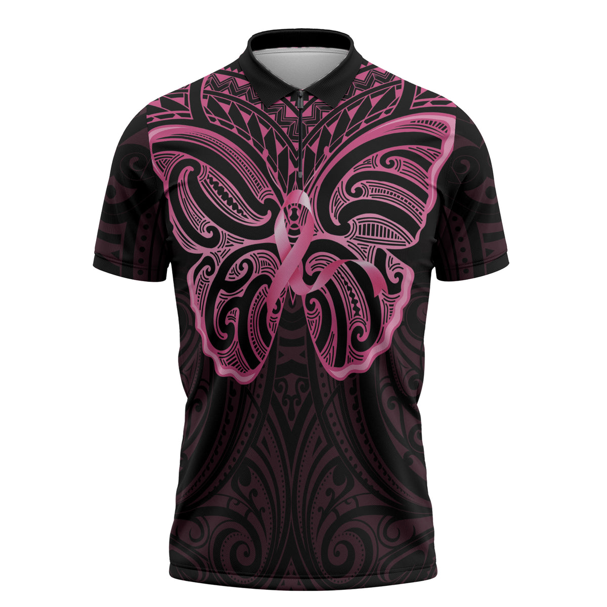 New Zealand Breast Cancer Support Zipper Polo Shirt Maori Butterfly Pink Ribbon Black Version