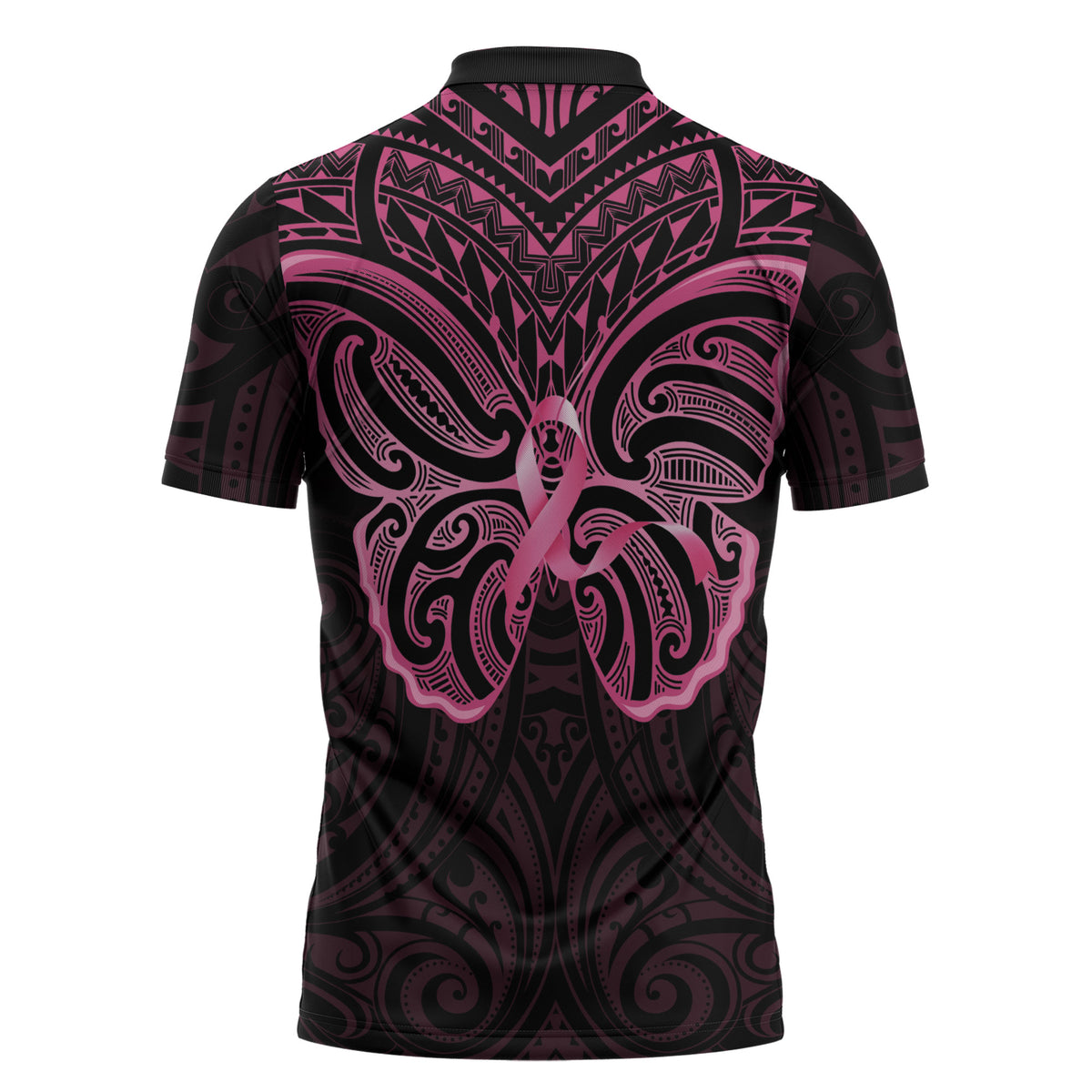 New Zealand Breast Cancer Support Zipper Polo Shirt Maori Butterfly Pink Ribbon Black Version