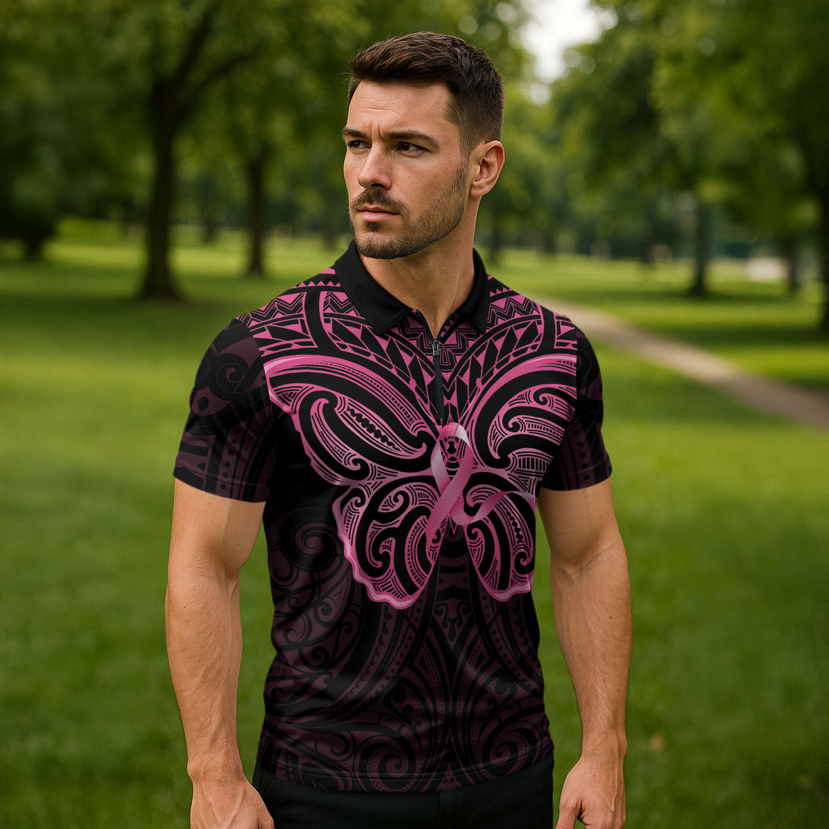 New Zealand Breast Cancer Support Zipper Polo Shirt Maori Butterfly Pink Ribbon Black Version