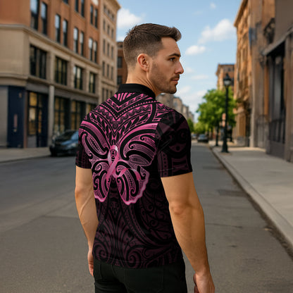 New Zealand Breast Cancer Support Zipper Polo Shirt Maori Butterfly Pink Ribbon Black Version
