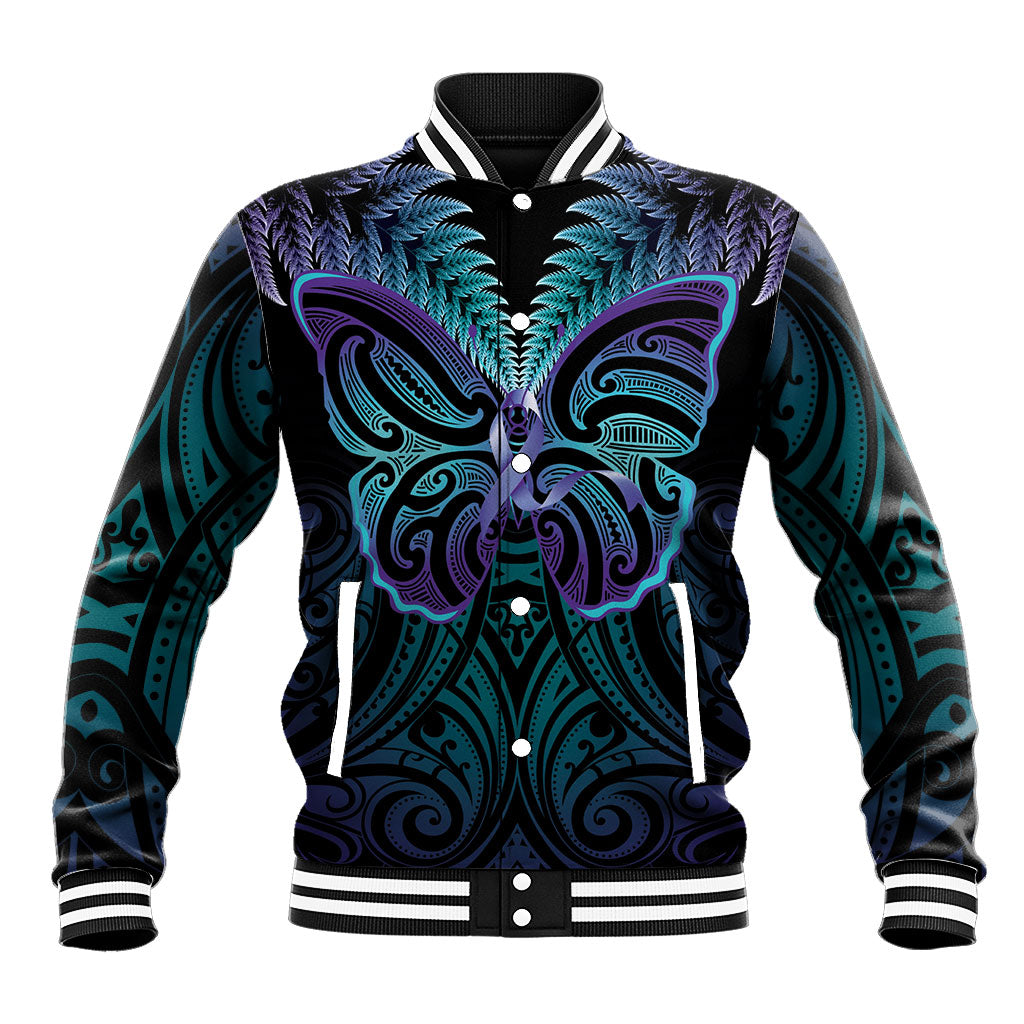 Suicide Prevention New Zealand Baseball Jacket Aotearoa Maori Butterfly Mix Silver Fern