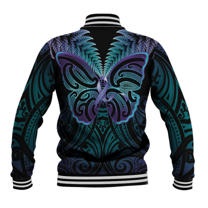 Suicide Prevention New Zealand Baseball Jacket Aotearoa Maori Butterfly Mix Silver Fern