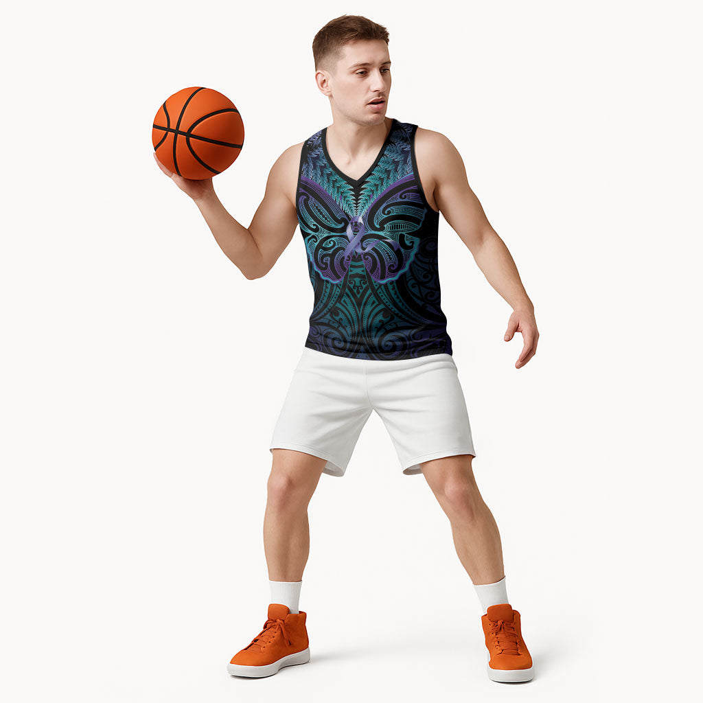 Suicide Prevention New Zealand Basketball Jersey Aotearoa Maori Butterfly Mix Silver Fern