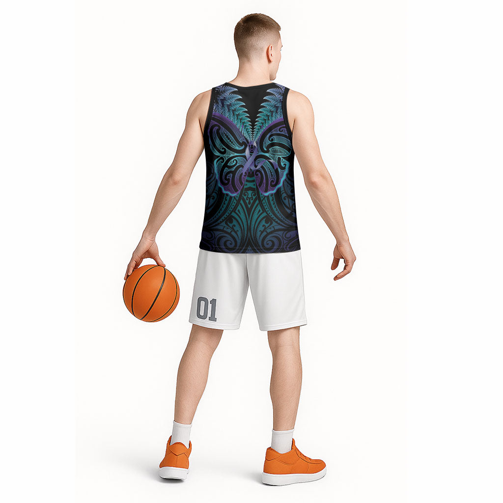 Suicide Prevention New Zealand Basketball Jersey Aotearoa Maori Butterfly Mix Silver Fern