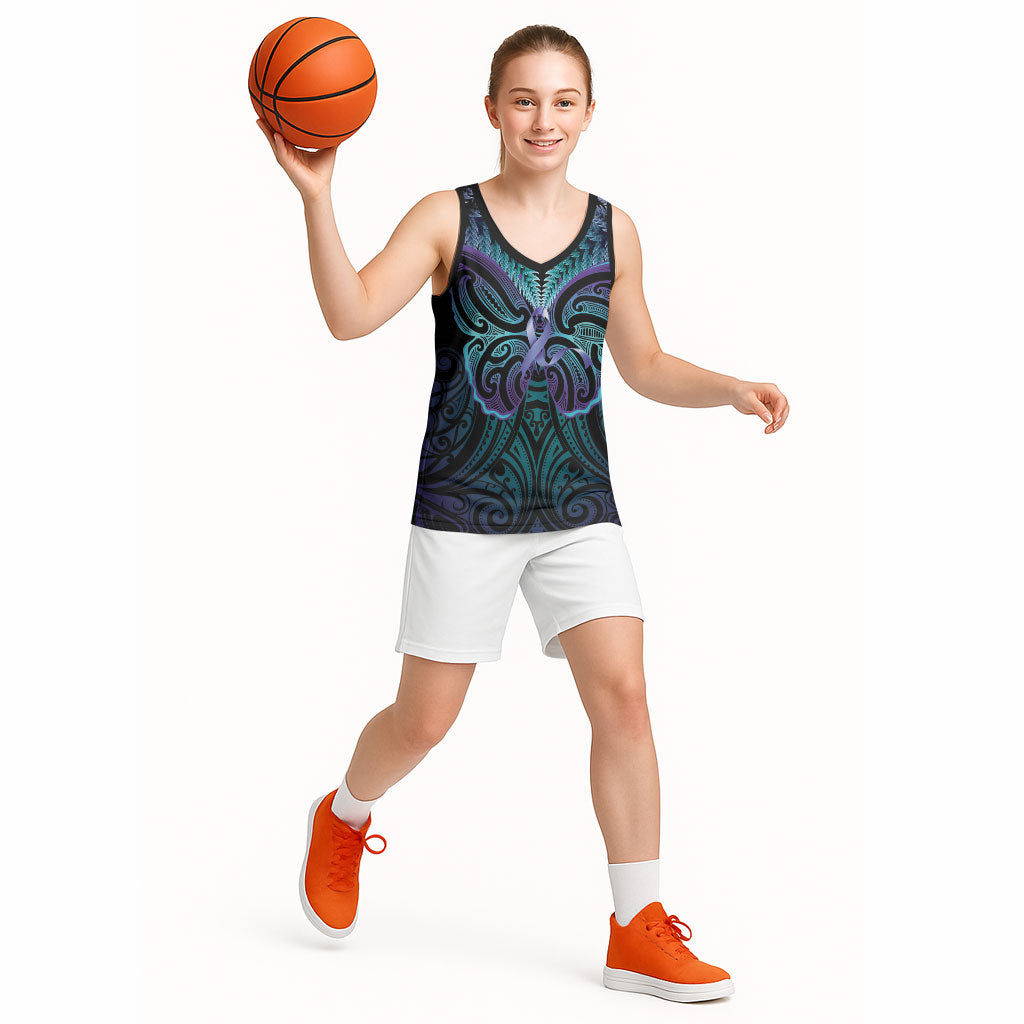 Suicide Prevention New Zealand Basketball Jersey Aotearoa Maori Butterfly Mix Silver Fern
