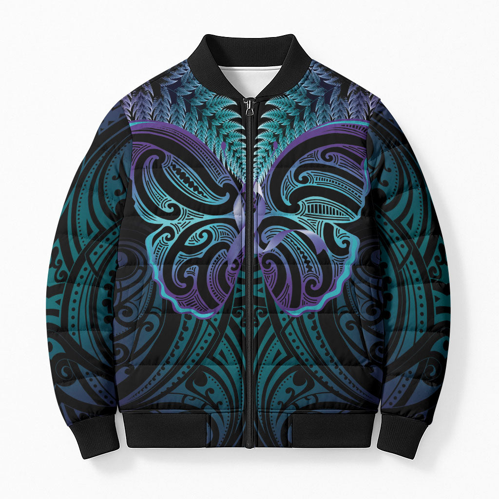 Suicide Prevention New Zealand Bomber Puffer Jacket Aotearoa Maori Butterfly Mix Silver Fern