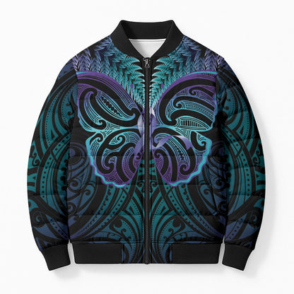 Suicide Prevention New Zealand Bomber Puffer Jacket Aotearoa Maori Butterfly Mix Silver Fern