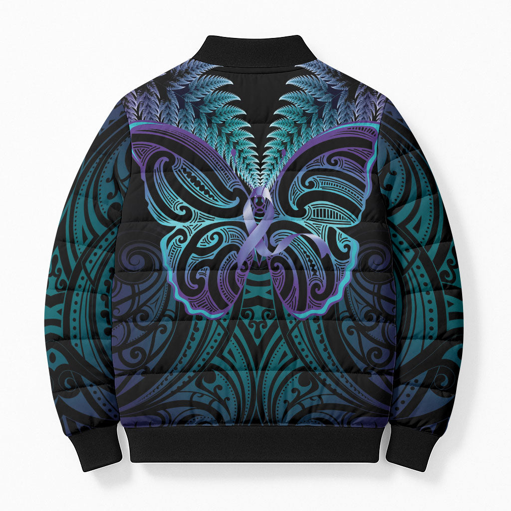 Suicide Prevention New Zealand Bomber Puffer Jacket Aotearoa Maori Butterfly Mix Silver Fern