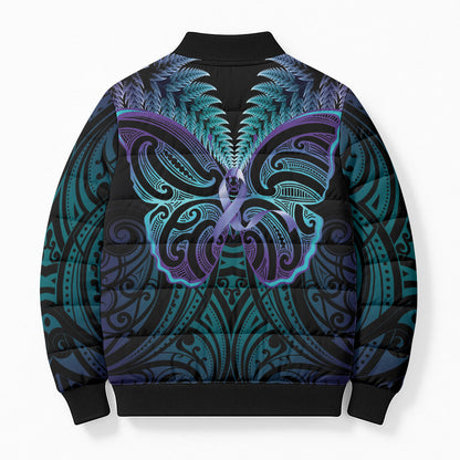 Suicide Prevention New Zealand Bomber Puffer Jacket Aotearoa Maori Butterfly Mix Silver Fern