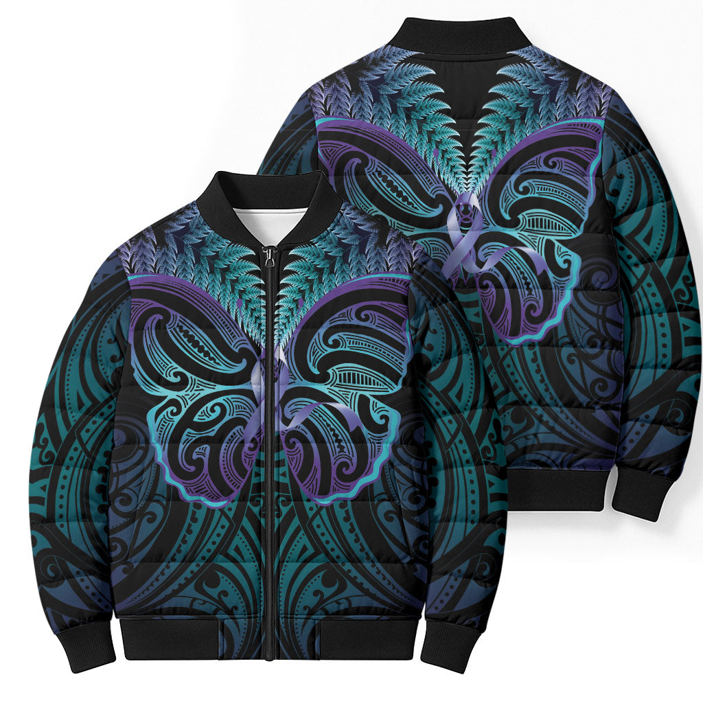 Suicide Prevention New Zealand Bomber Puffer Jacket Aotearoa Maori Butterfly Mix Silver Fern