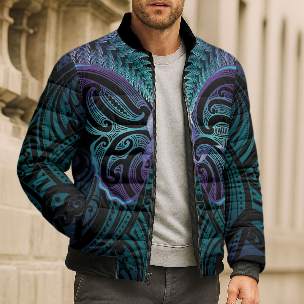 Suicide Prevention New Zealand Bomber Puffer Jacket Aotearoa Maori Butterfly Mix Silver Fern