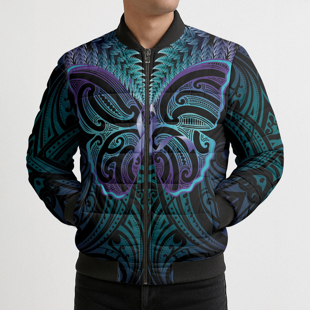 Suicide Prevention New Zealand Bomber Puffer Jacket Aotearoa Maori Butterfly Mix Silver Fern