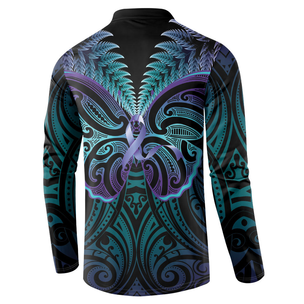 Suicide Prevention New Zealand Button Sweatshirt Aotearoa Maori Butterfly Mix Silver Fern