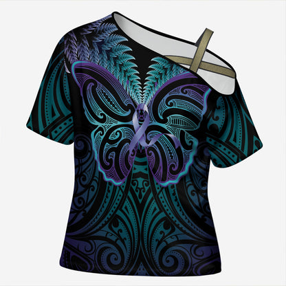 Suicide Prevention New Zealand Cross Shoulder Shirt Aotearoa Maori Butterfly Mix Silver Fern