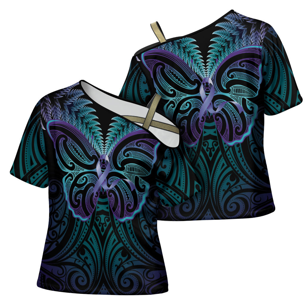 Suicide Prevention New Zealand Cross Shoulder Shirt Aotearoa Maori Butterfly Mix Silver Fern